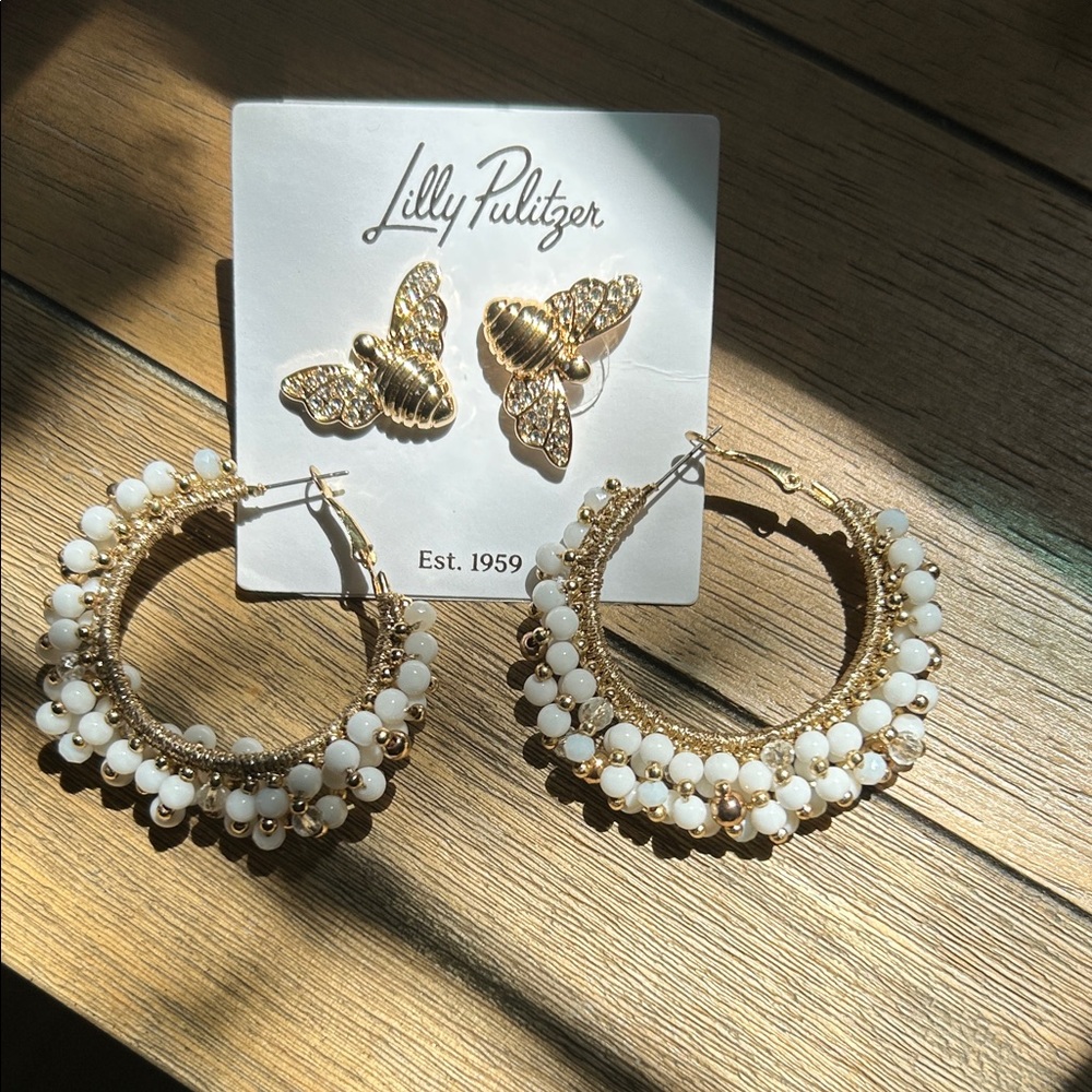 Lilly Pulitzer Gold and White Beaded Hoop Earrings with Butterfly Accents